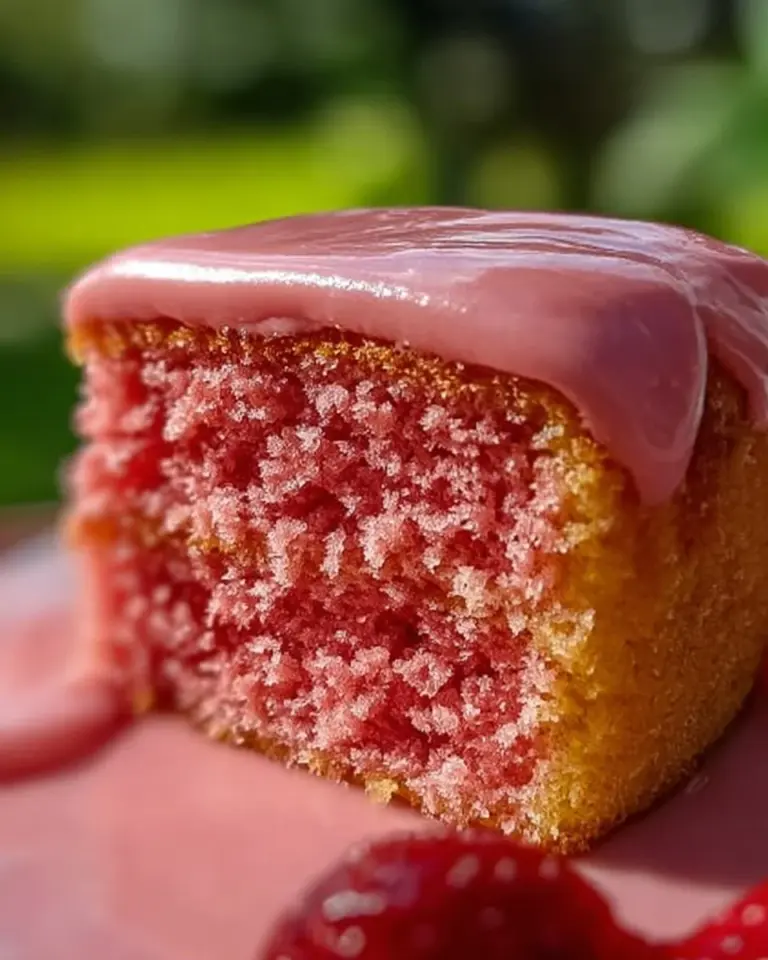 Slice of Strawberry Honeybun Cake topped with fresh strawberries and creamy glaze.
