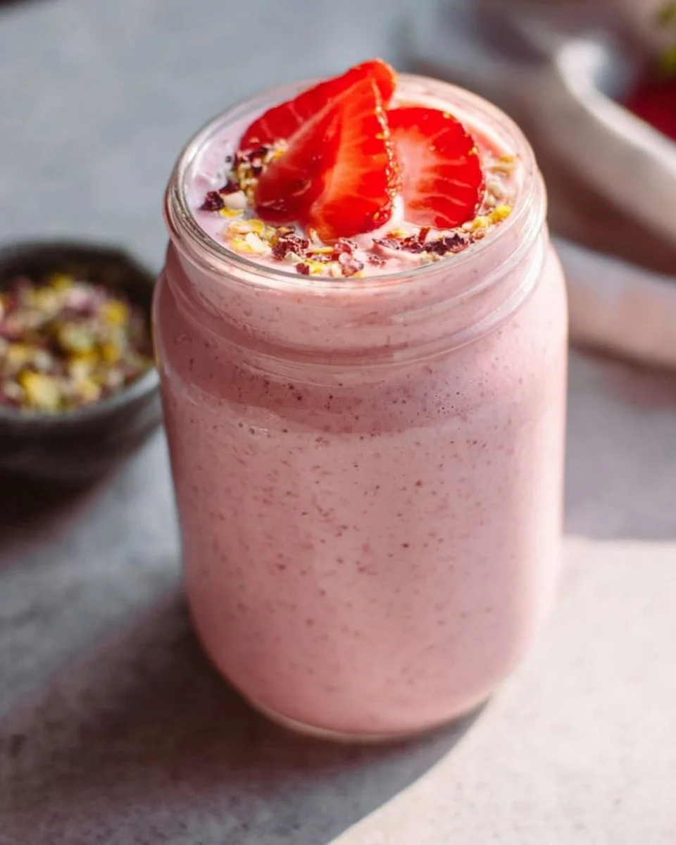 Delicious Strawberry Kefir Smoothie in a glass topped with fresh strawberries