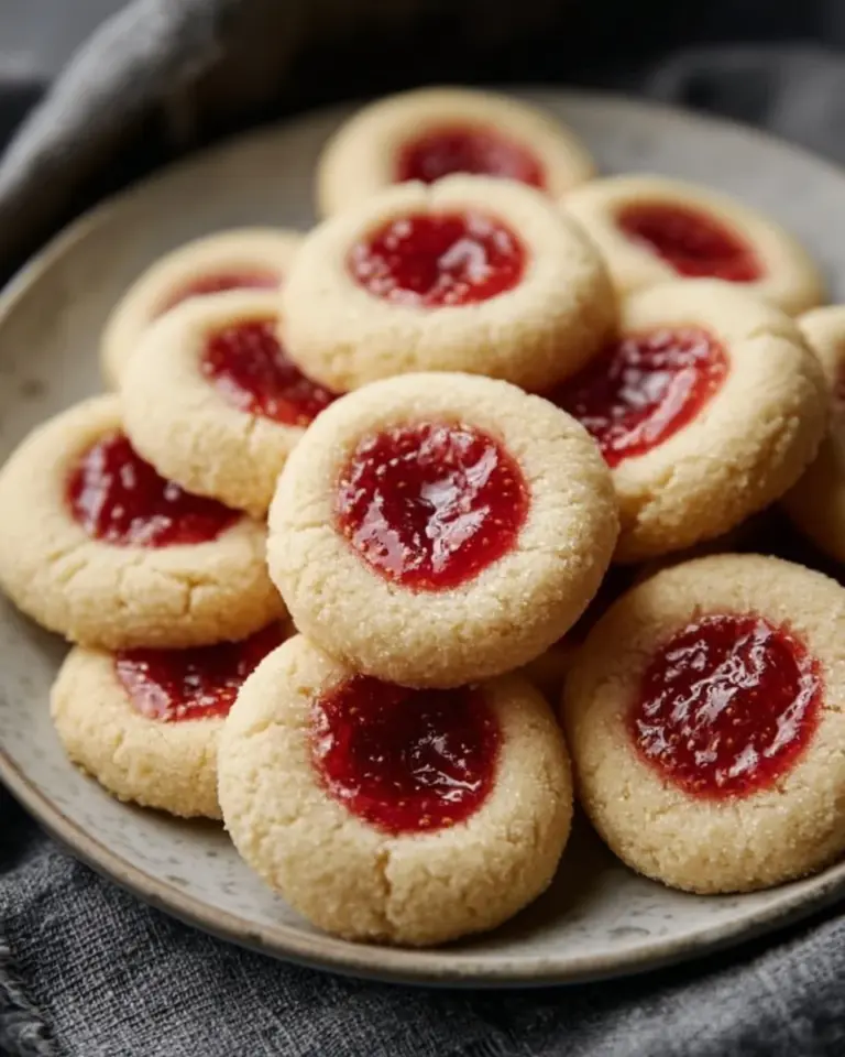 Delicious strawberry thumbprint cookies on a white plate
