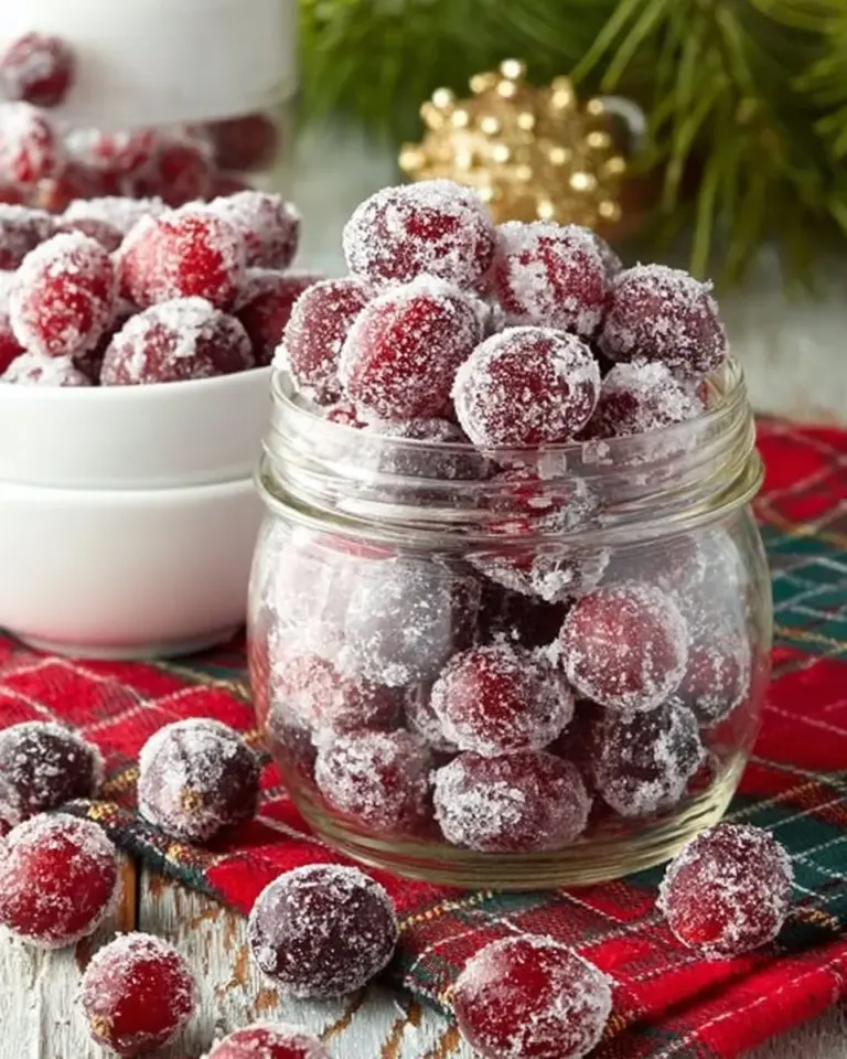 Bowl of sugared cranberries decorated for a festive celebration