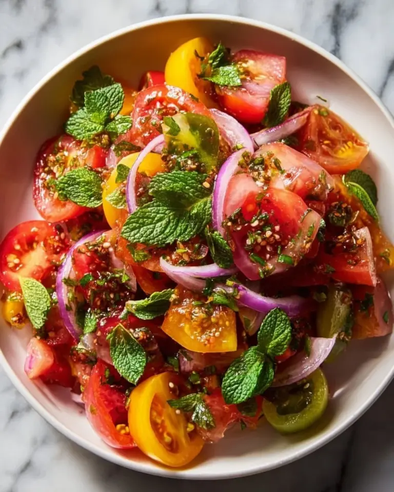 Fresh summer basil tomato salad with vibrant colors and flavors.