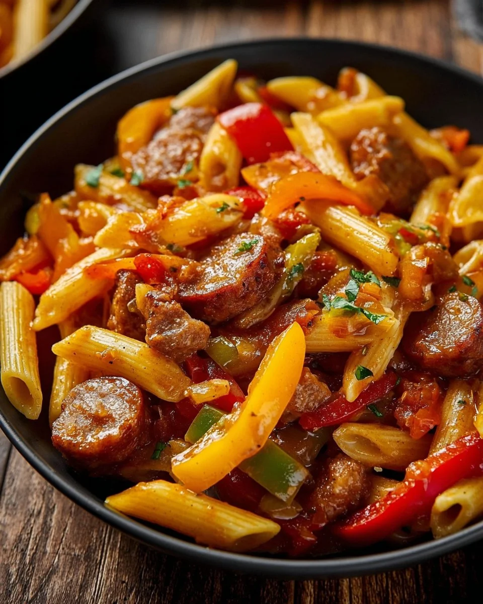 Delicious Sweet Pepper Sausage Pasta served in a bowl with fresh ingredients.