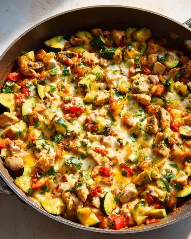 Plate of Tex Mex Chicken and Zucchini garnished with herbs