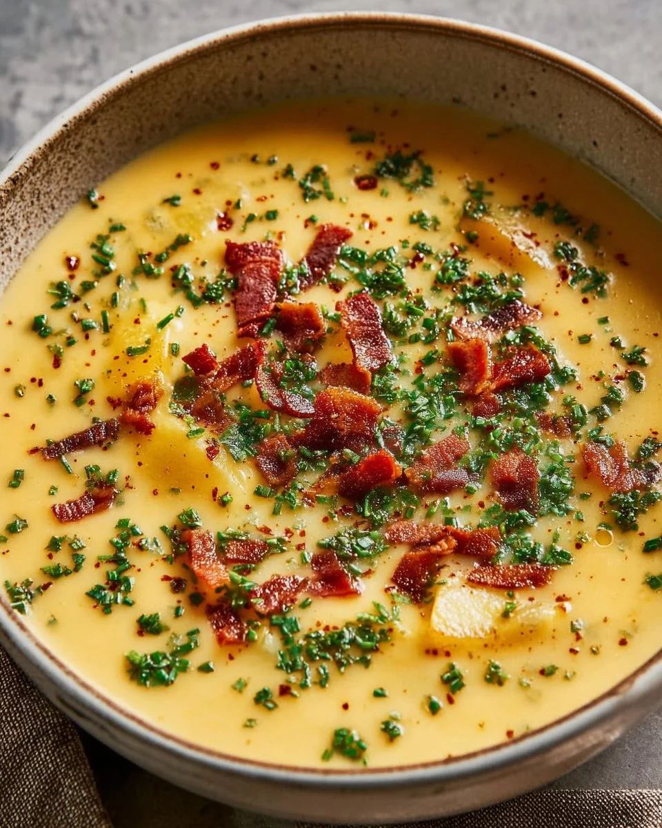 Bowl of creamy potato soup garnished with herbs and served with crusty bread