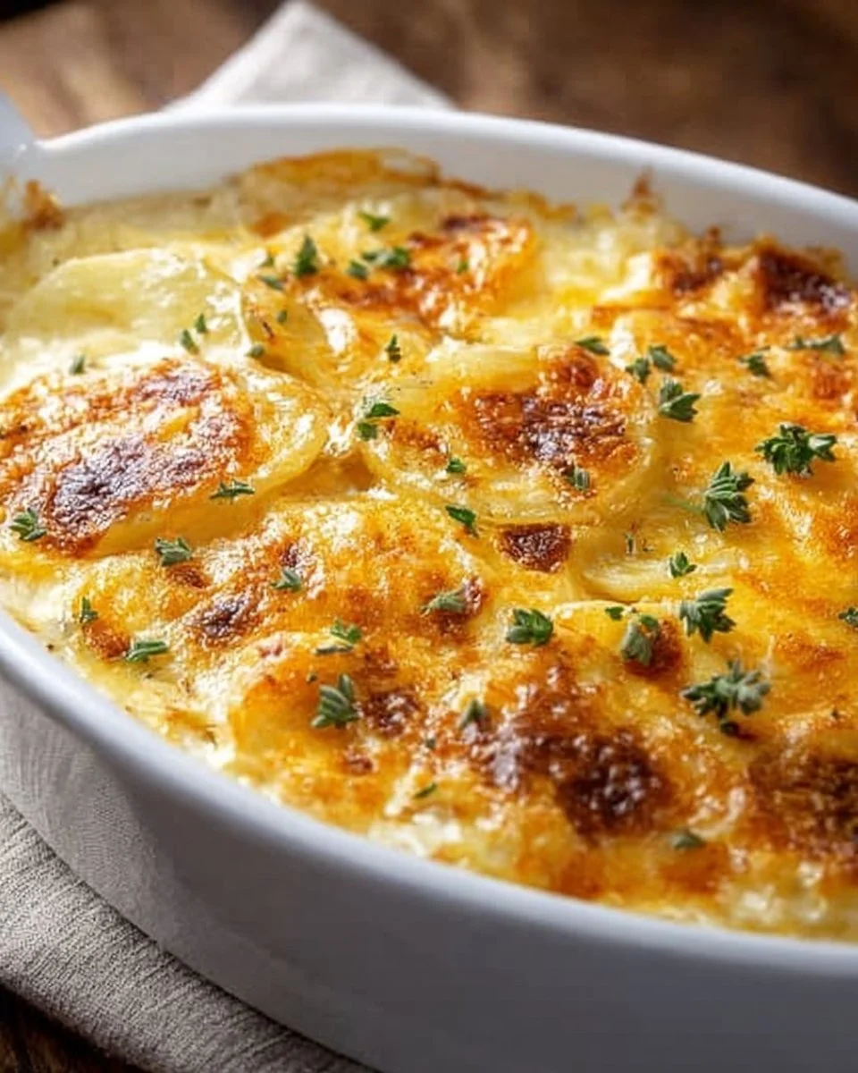 Creamy homemade scalloped potatoes baked until golden and delicious