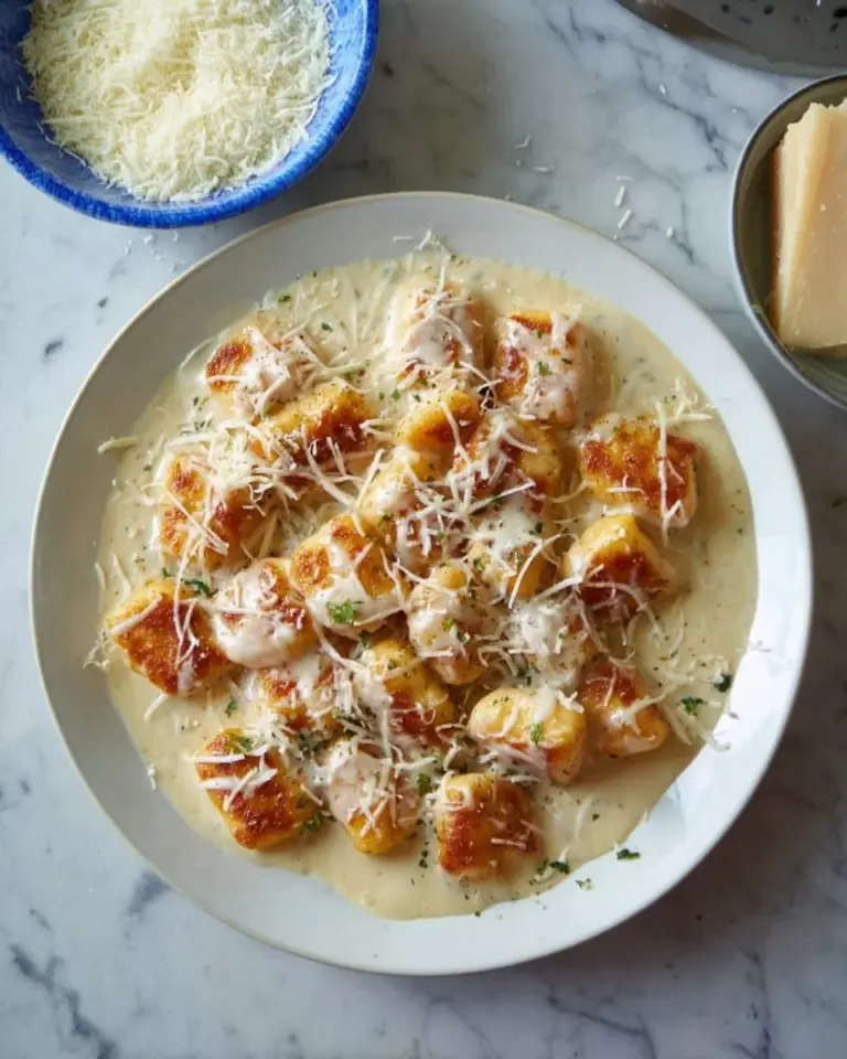 Toasted potato gnocchi served in creamy white truffle sauce