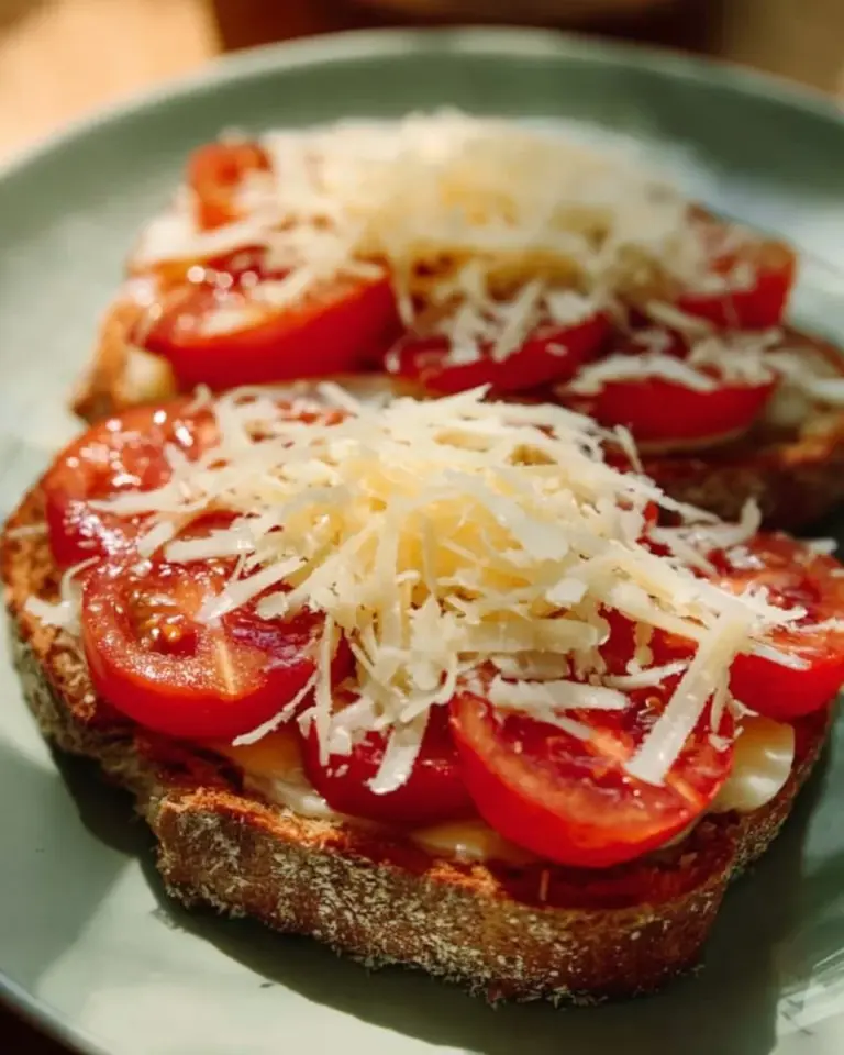 Delicious tomato toast topped with fresh herbs and garlic on toasted bread