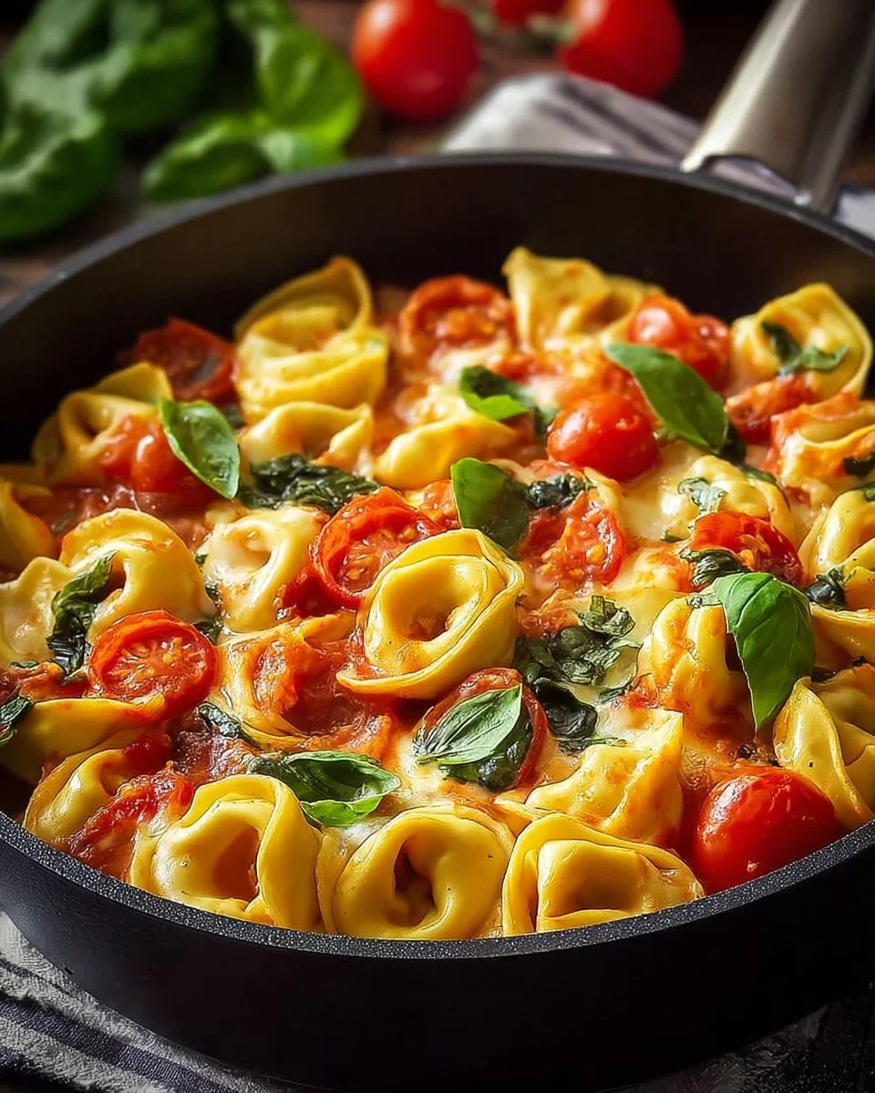Homemade Tortellini Tomato Casserole in a baking dish, topped with cheese and fresh herbs.