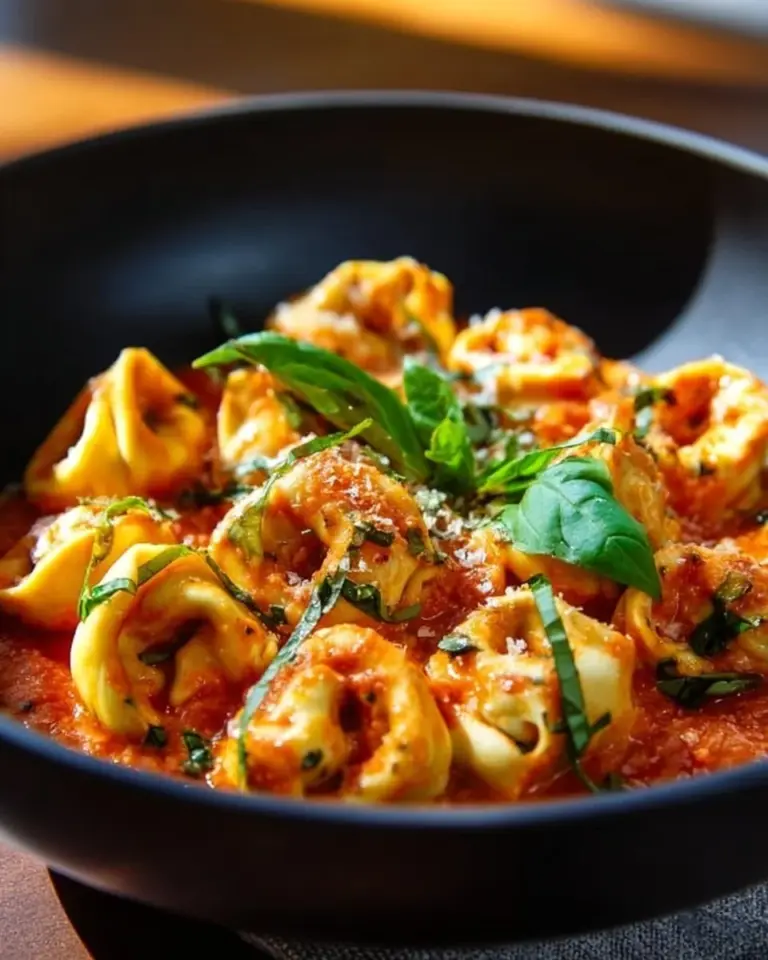 Tortellini with Tomato Cream Sauce, Cheese, and Fresh Basil on a plate