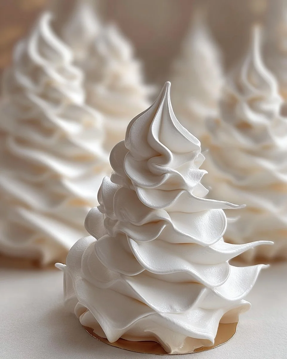 Colorful tree-shaped meringue cookies on a festive plate.