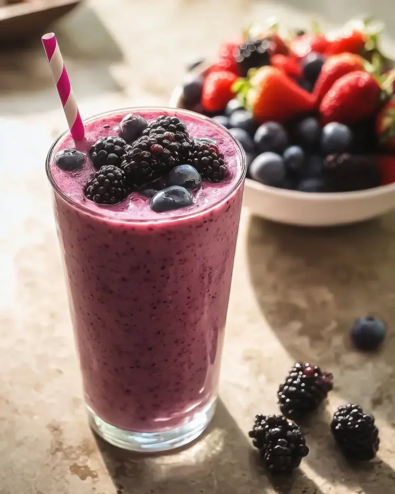 Colorful triple berry smoothie in a glass topped with fresh berries