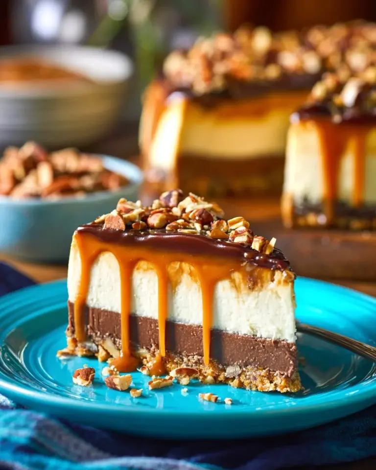 Delicious Turtle Cheesecake topped with caramel, chocolate, and pecans
