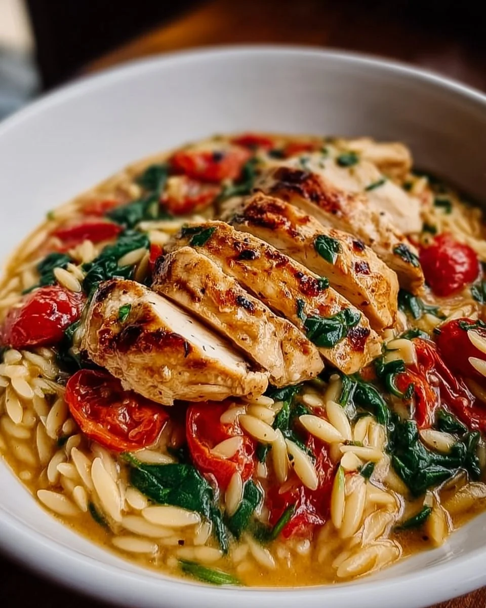 Delicious Tuscan Chicken served with Orzo in a vibrant sauce.