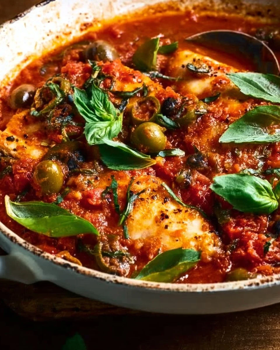 Delicious fish puttanesca served on a plate with pasta and fresh herbs