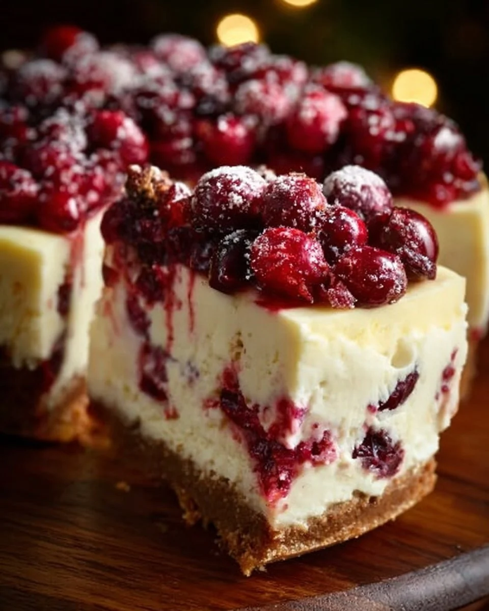 A slice of vanilla bean cheesecake topped with cranberry jam and white chocolate mousse