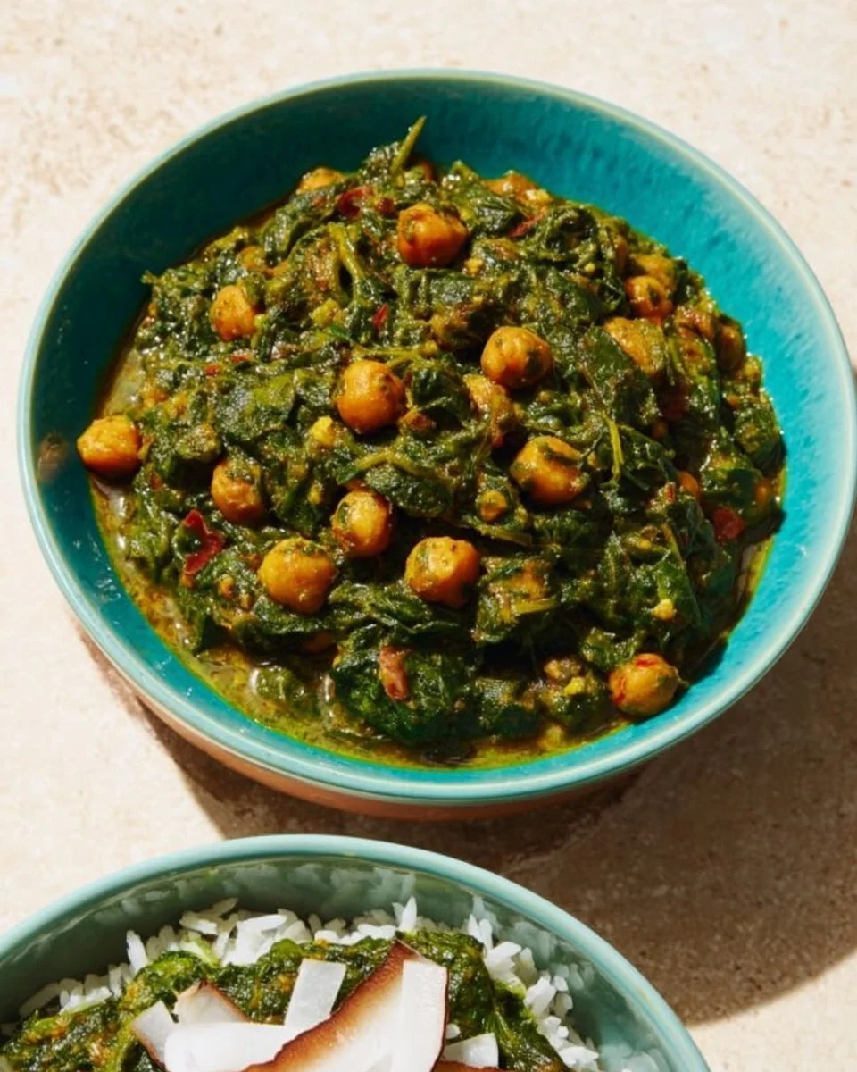 Vegan Indian Chickpea Spinach Curry served in a bowl with rice