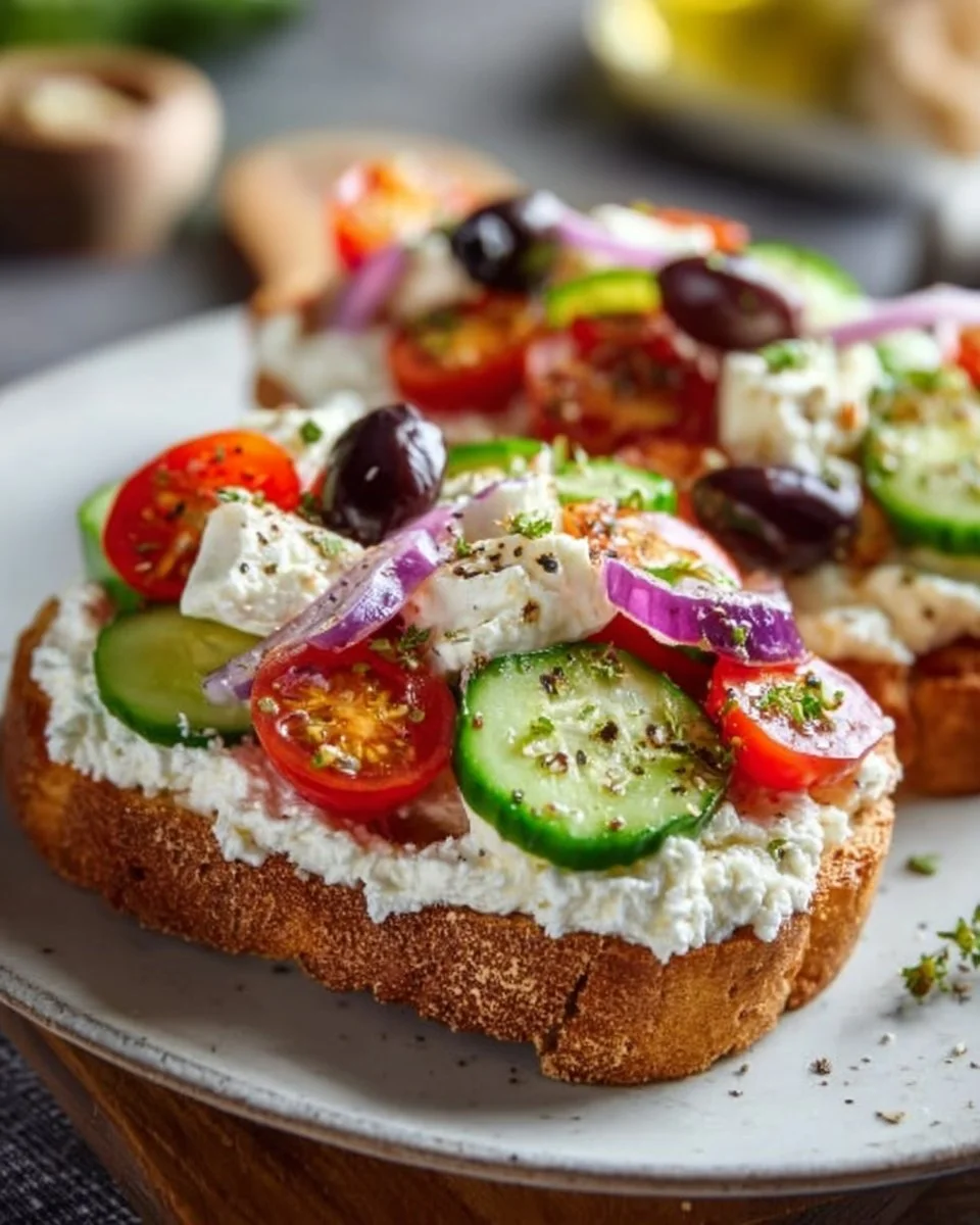 Whipped feta Greek salad toast topped with fresh vegetables and herbs