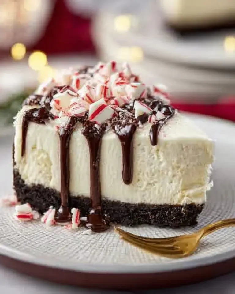 Delicious white chocolate peppermint bark cheesecake with festive toppings
