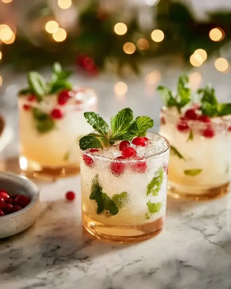 White Christmas Mojito cocktail garnished with mint and cranberries