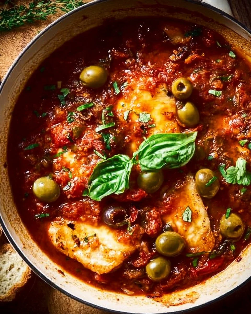 Delicious White Fish Puttanesca dish served with olives and tomatoes
