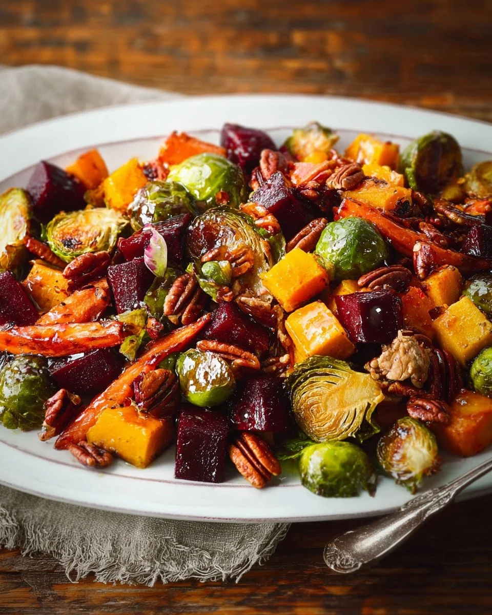 Winter Vegetable Salad topped with roasted butternut squash, Brussels sprouts, and beets
