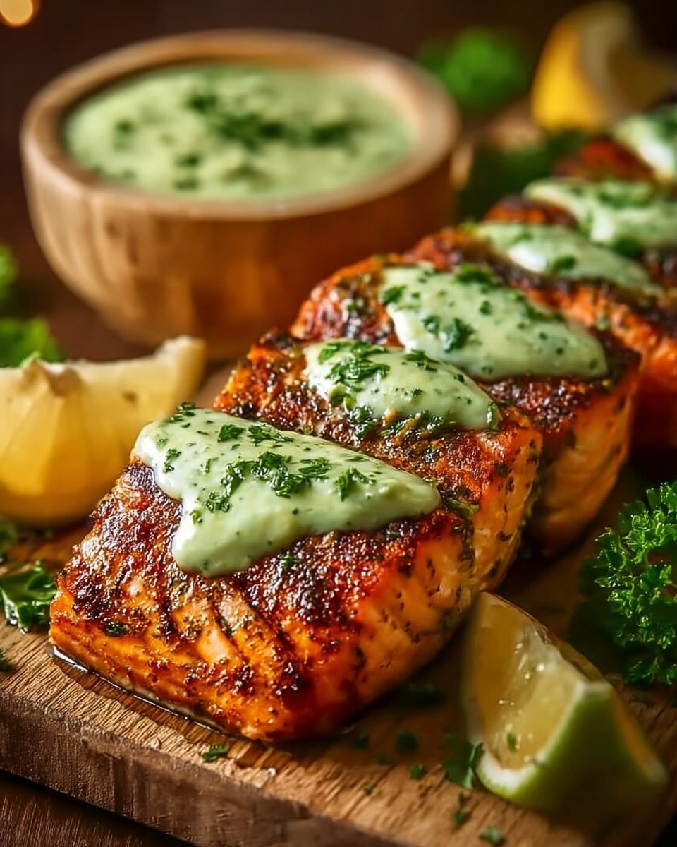 Baked Cajun Salmon with Avocado Lime Sauce