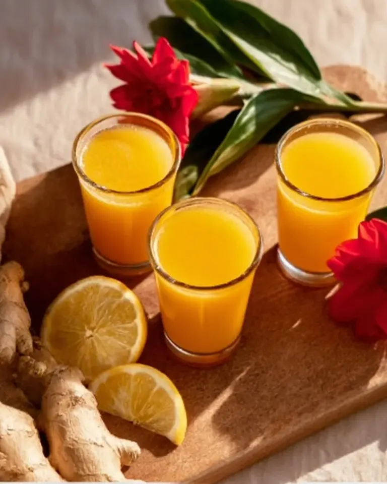 Zesty ginger shots in a glass with fresh ginger and lemon slices