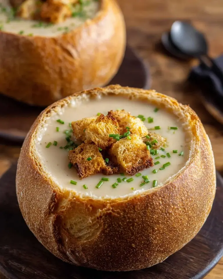 Delicious 100 Clove Garlic Bread Bowl Soup served in a crusty bread bowl.