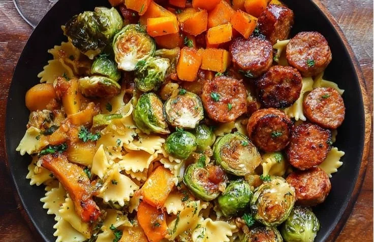 Delicious Autumn Dinner with sausage, pasta, Brussels sprouts, and butternut squash