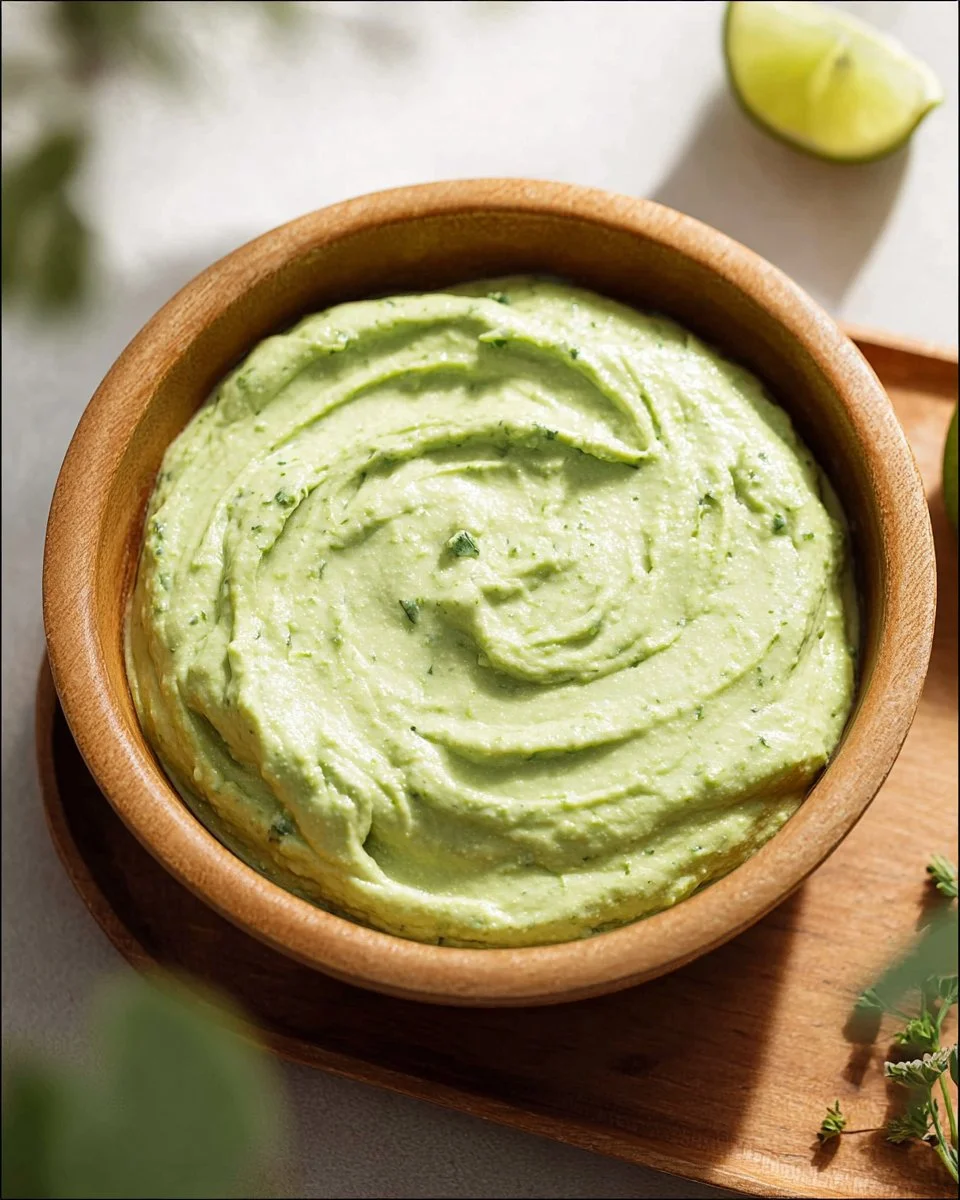 Smooth and creamy avocado cream sauce in a bowl, perfect for dips or toppings.