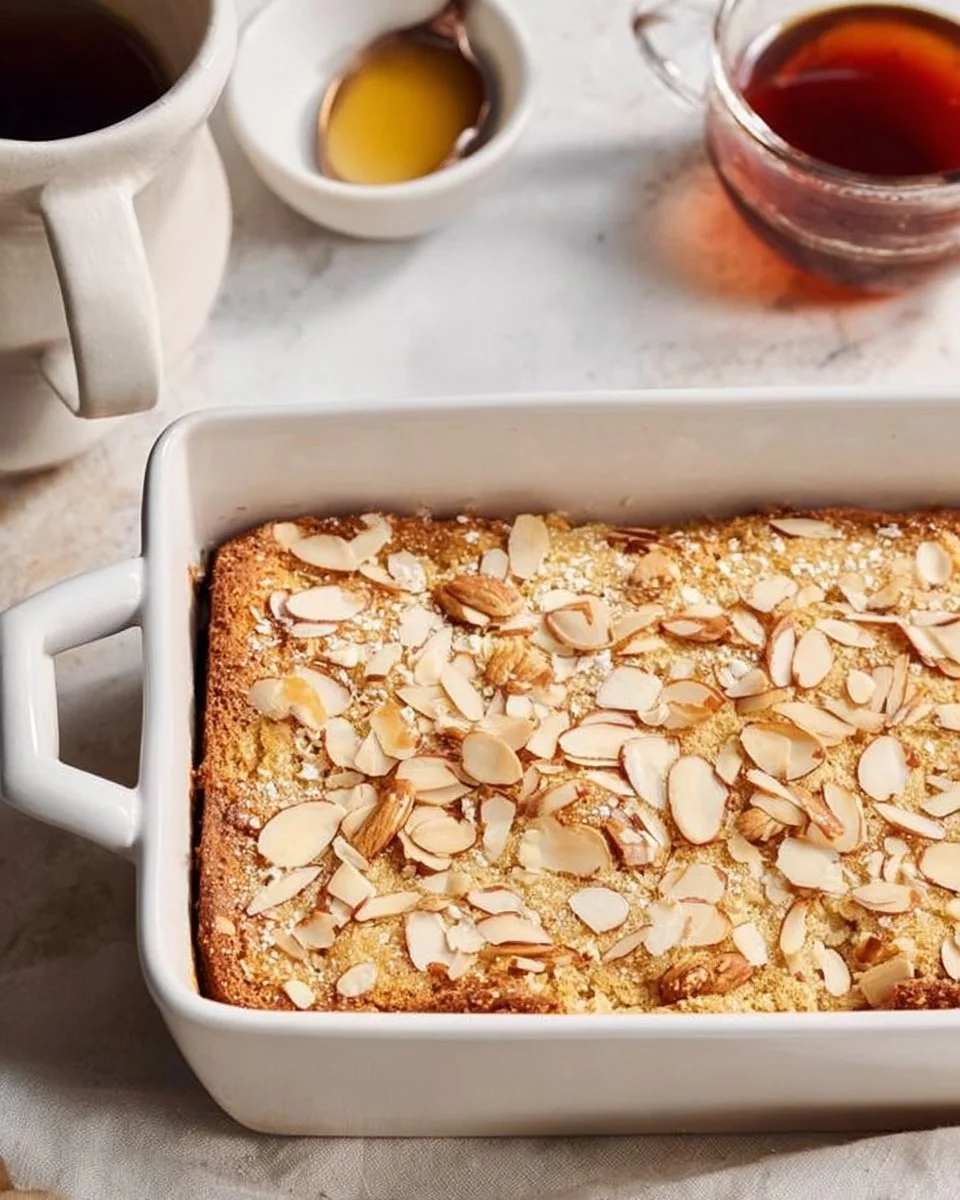 Baked almond croissant oats served in a cozy bowl