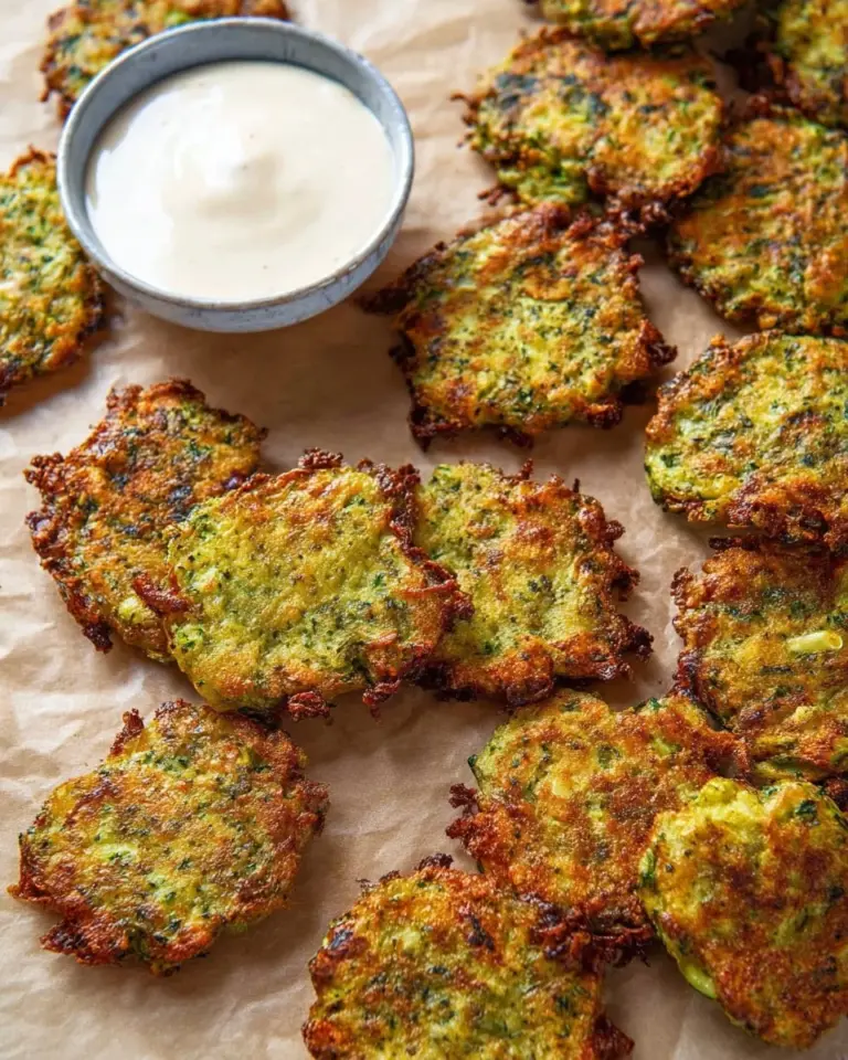 Baked broccoli bites served on a plate with dipping sauce