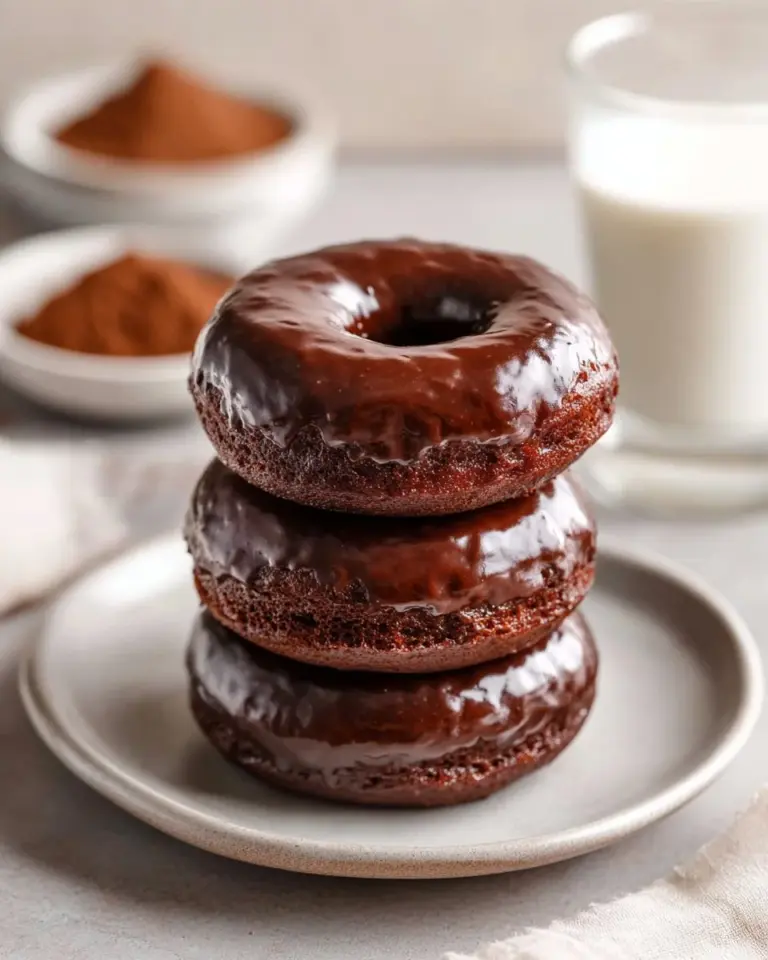 Baked chocolate glazed donuts freshly made and ready to enjoy