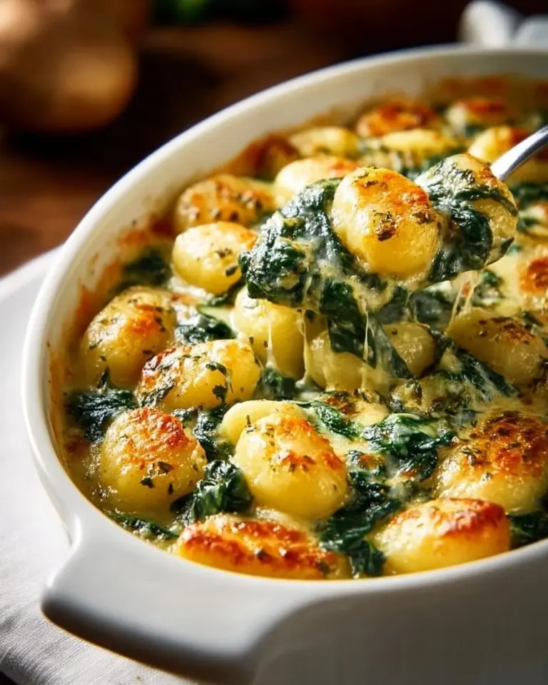 Baked gnocchi with pesto served in a rustic bowl, garnished with fresh basil.