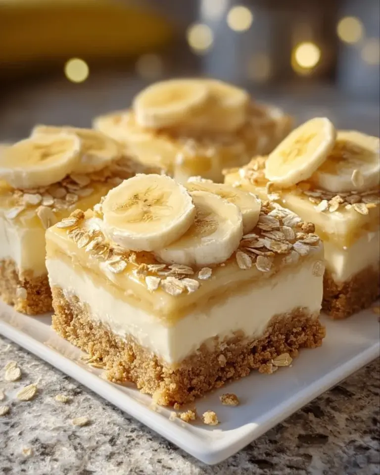 Delicious Banana Pudding Cheesecake Squares dessert served on a plate.