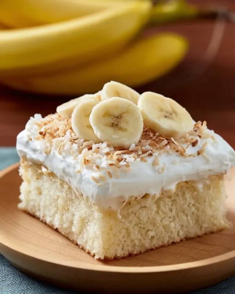 Delicious Banana Three Milks Cake topped with whipped cream and banana slices.