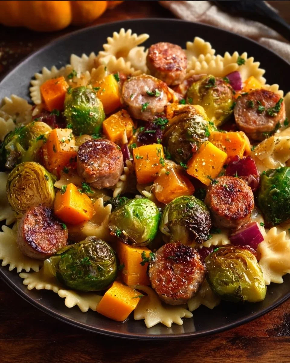 Autumn Dinner with Sausage, Pasta, Brussels Sprouts, and Butternut Squash