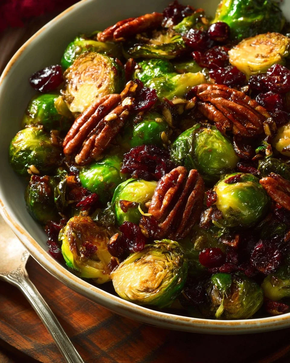 Christmas Brussels Sprouts with Bacon, Pecans, and Cranberries