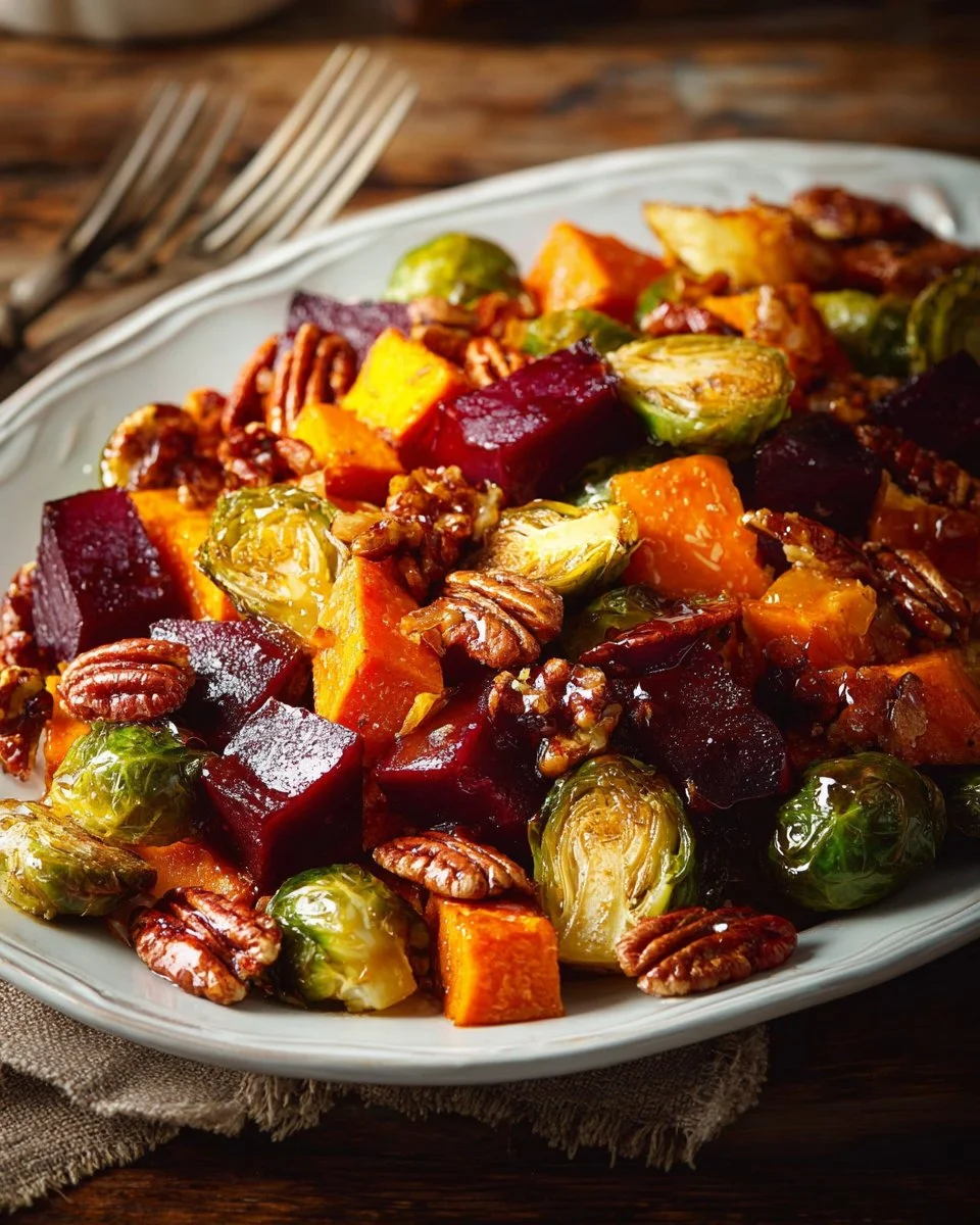 Winter Vegetable Salad with Roasted Butternut Squash, Brussels Sprouts, and Beets