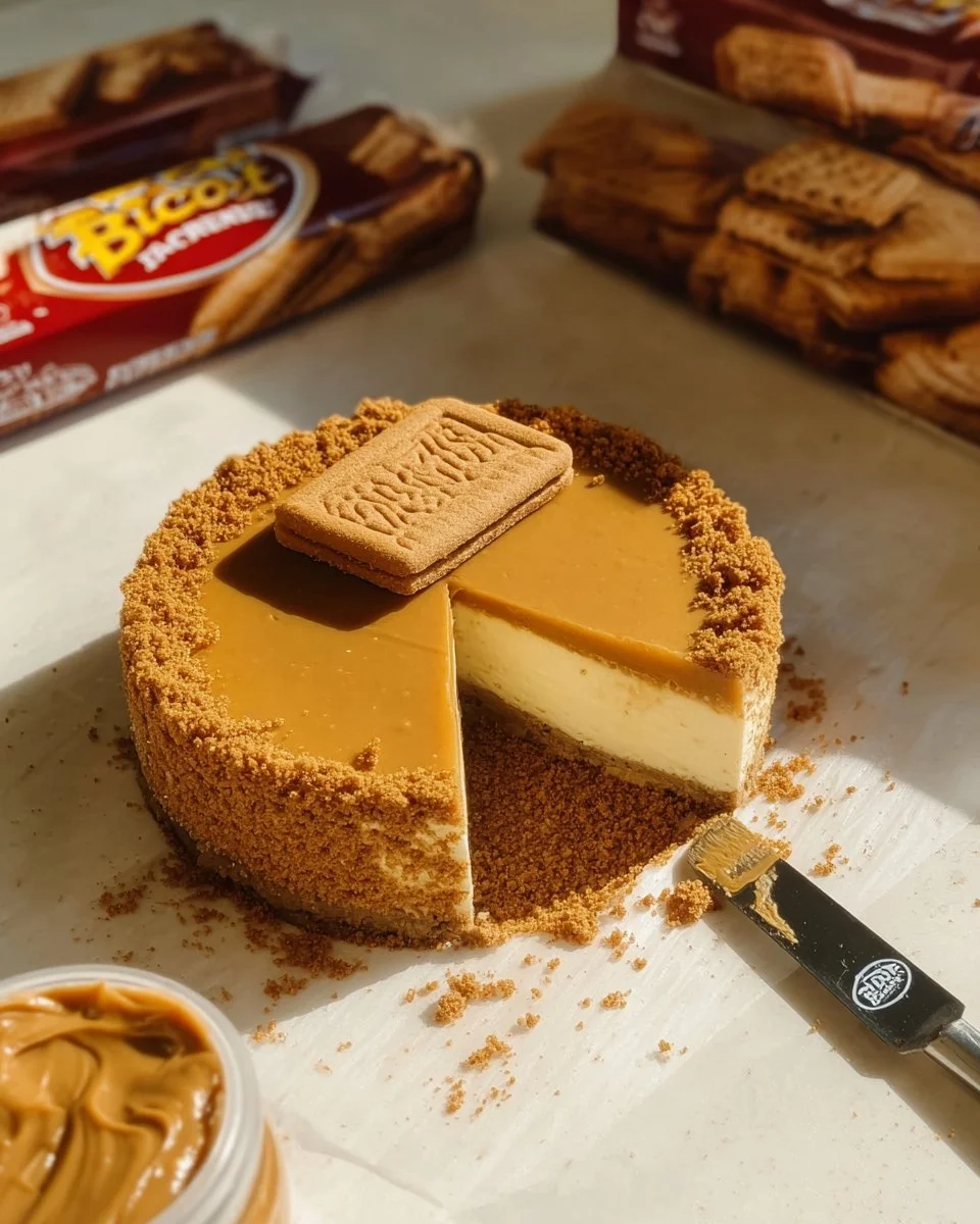 Delicious Biscoff Cheesecake topped with caramel and cookie crumbs