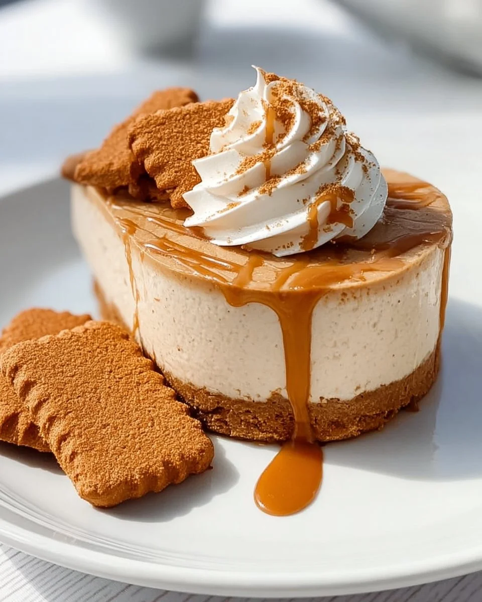 Delicious Biscoff Cheesecake with caramel drizzle and cookie crust