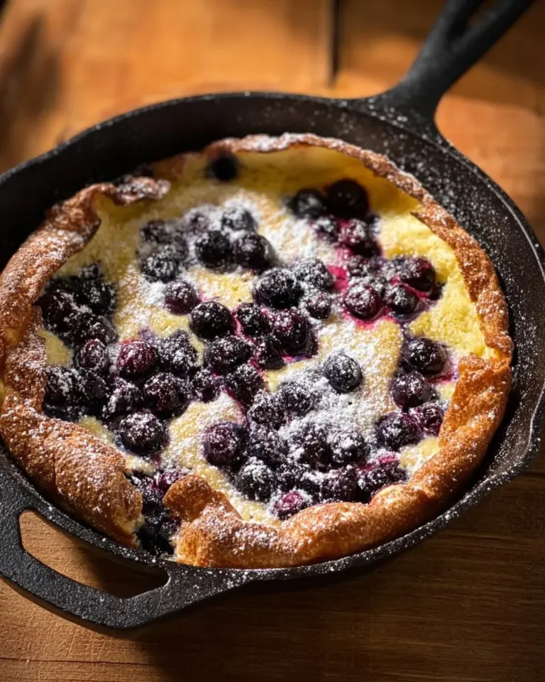 Fluffy Blueberry Dutch Baby topped with fresh blueberries and powdered sugar.