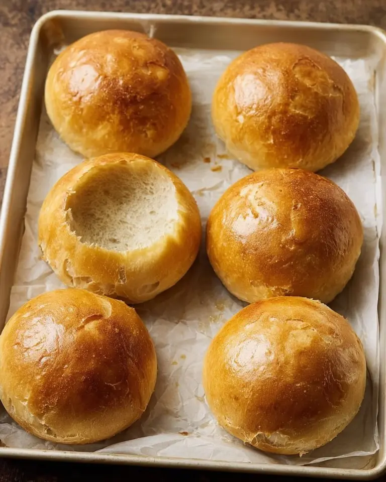 Delicious bread bowls filled with soup and topped with fresh herbs.