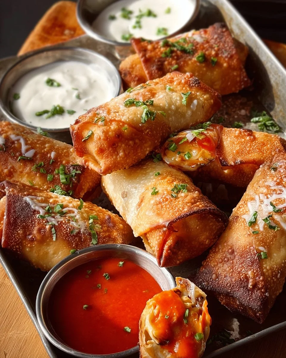 Plate of crispy Buffalo Chicken Egg Rolls served with dipping sauce