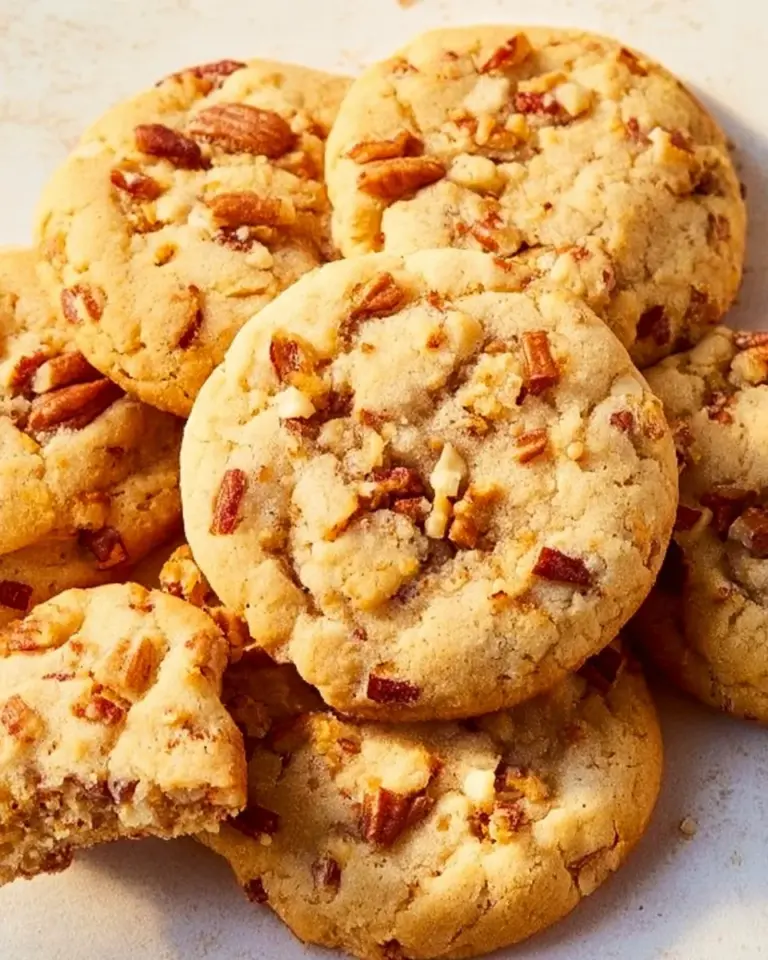 Delicious butter pecan cookies on a plate garnished with pecans