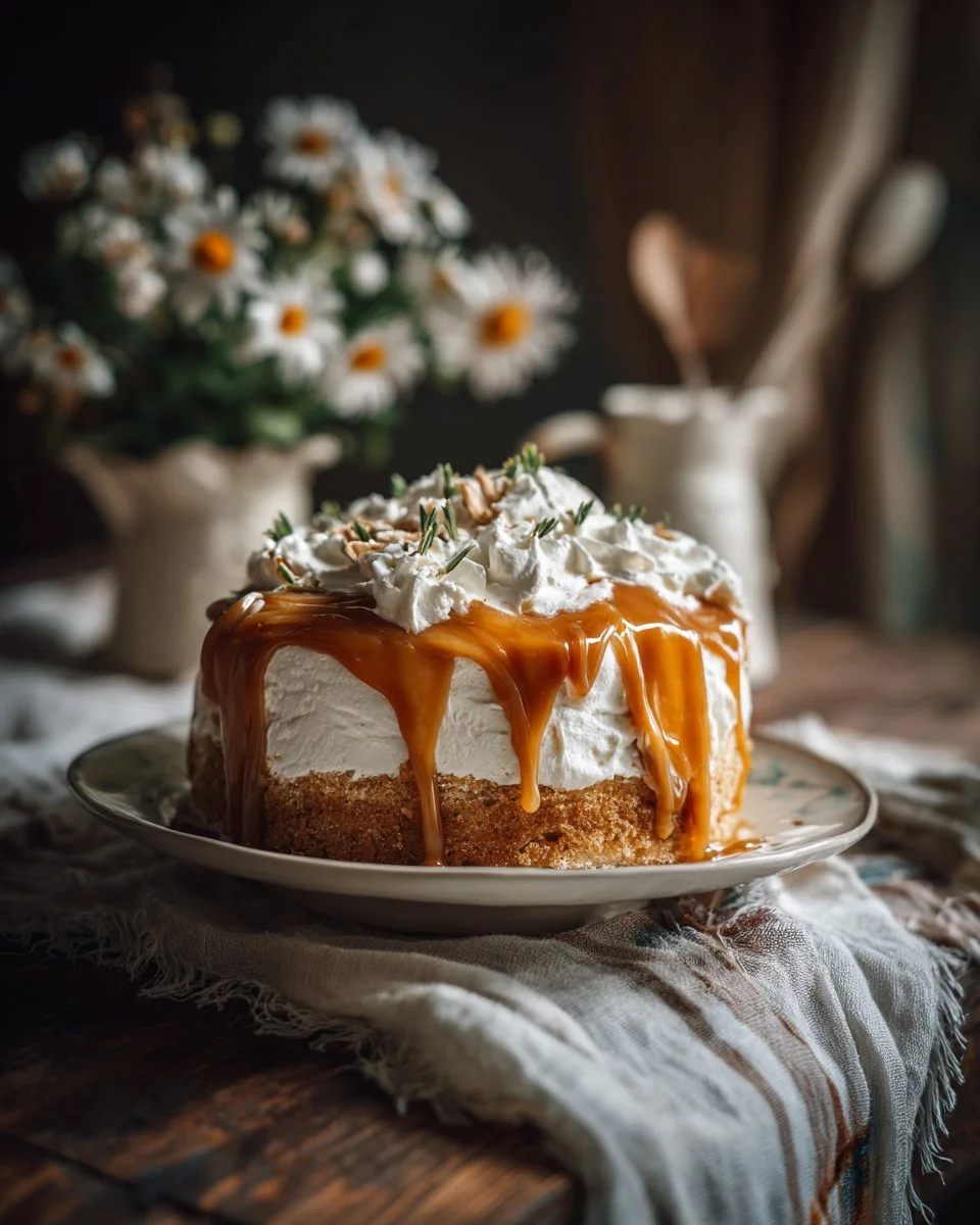 Slice of Caramel Three Milks Cake topped with caramel sauce and whipped cream