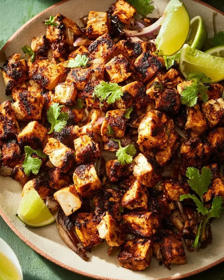 Plate of charred chile-marinated grilled chicken tacos with fresh toppings
