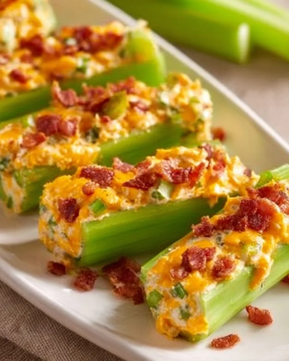 Cheddar Bacon Celery Sticks arranged on a plate, garnished and ready to serve.