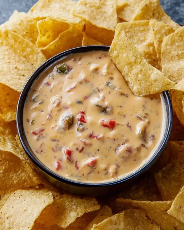 Creamy cheese dip served in a bowl with tortilla chips.