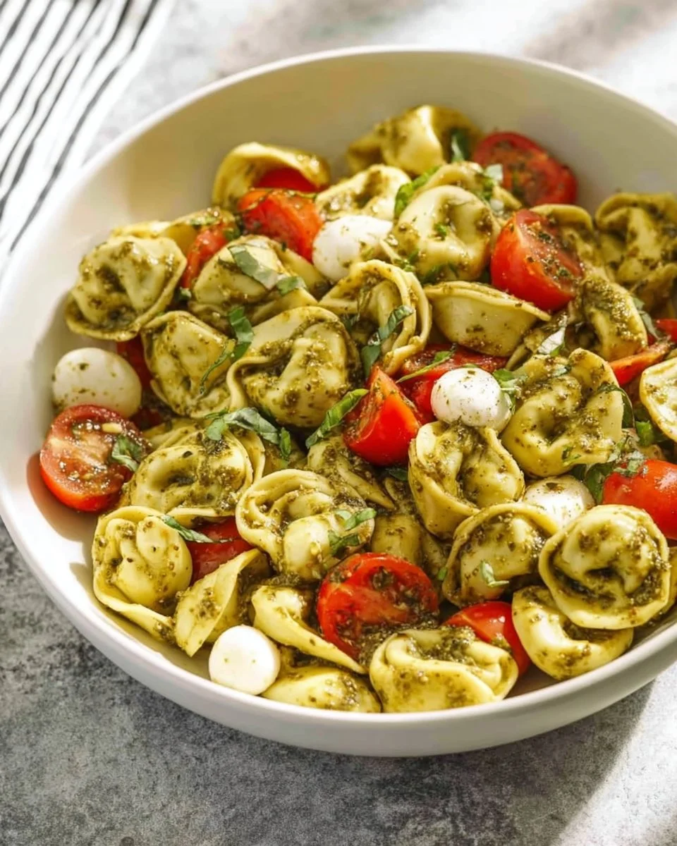 Plate of cheese tortellini with vibrant green pesto sauce